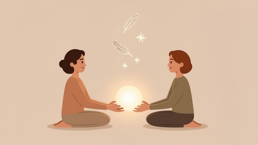 Two people share a glowing orb, with feathers and stars floating above, symbolizing spiritual connection.