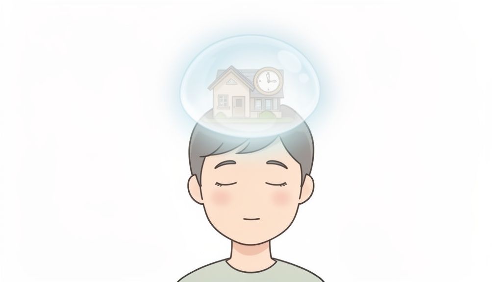 A person meditating with a house and clock in a thought bubble above their head.