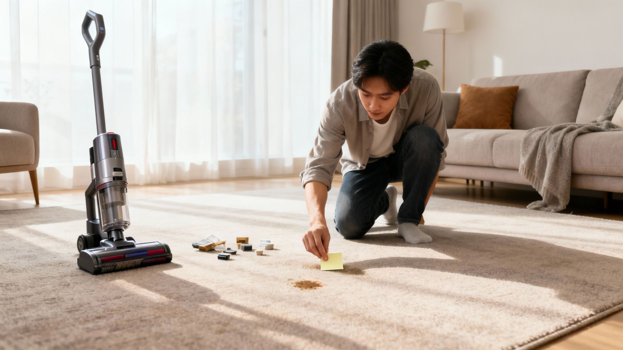 A man kneels on a living room carpet, using a sticky note to clean a stain next to a vacuum cleaner.