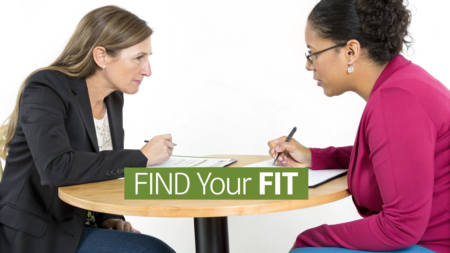 Two professionals collaborate, writing notes at a table during a business consulting session.