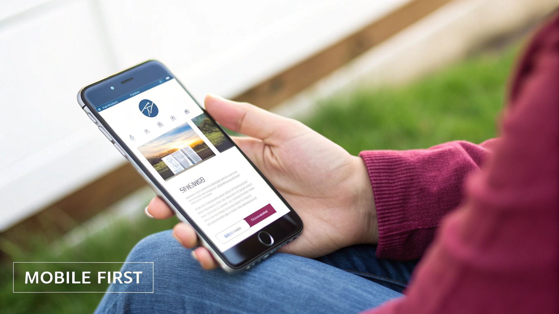 Person holding a smartphone outdoors, displaying a mobile-first website with an app-like interface.