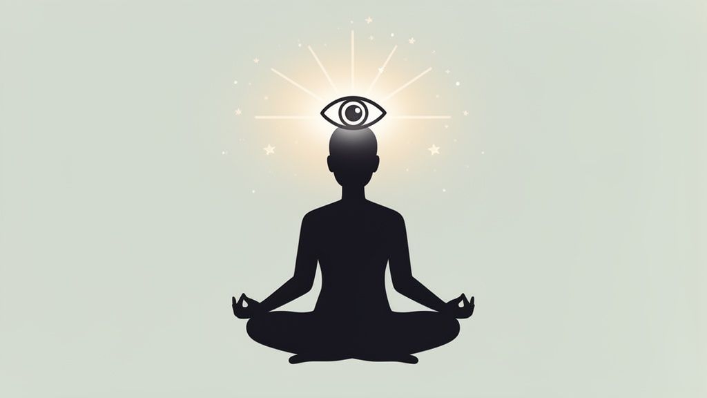 A silhouette of a person meditating in lotus pose with a glowing third eye symbol above their head, surrounded by light and stars.