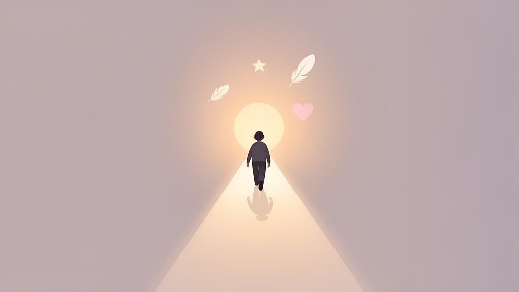 A person walks on an illuminated path towards a glowing light, surrounded by feathers, a star, and a heart.