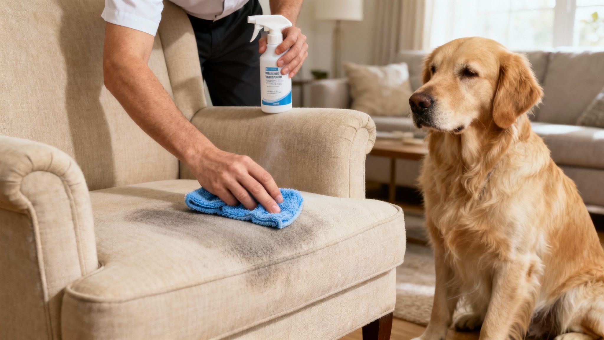 A happy dog sitting on a freshly cleaned, light-coloured sofa in a bright living room.