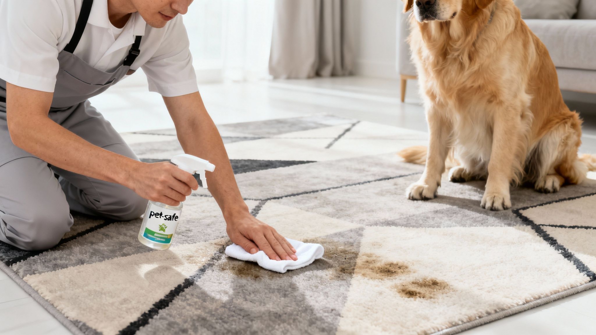A person kneels, cleaning pet stains from a geometric patterned carpet with a spray and cloth, a golden retriever nearby.