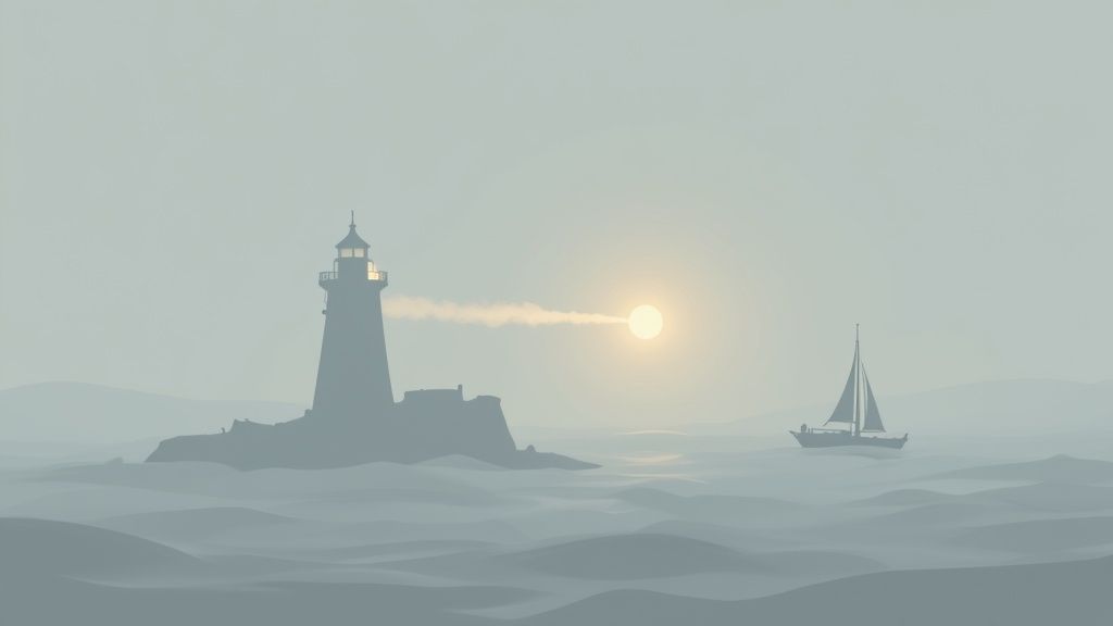 A tranquil image of a lighthouse at dusk, its beam cutting through the fog over a calm sea.
