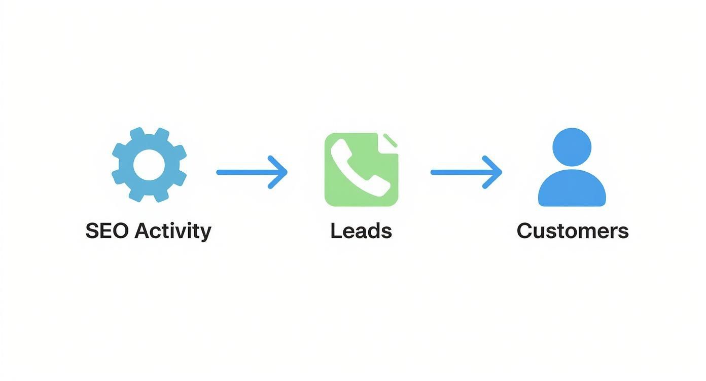 SEO activity workflow diagram showing process from optimization through leads generation to customer conversion