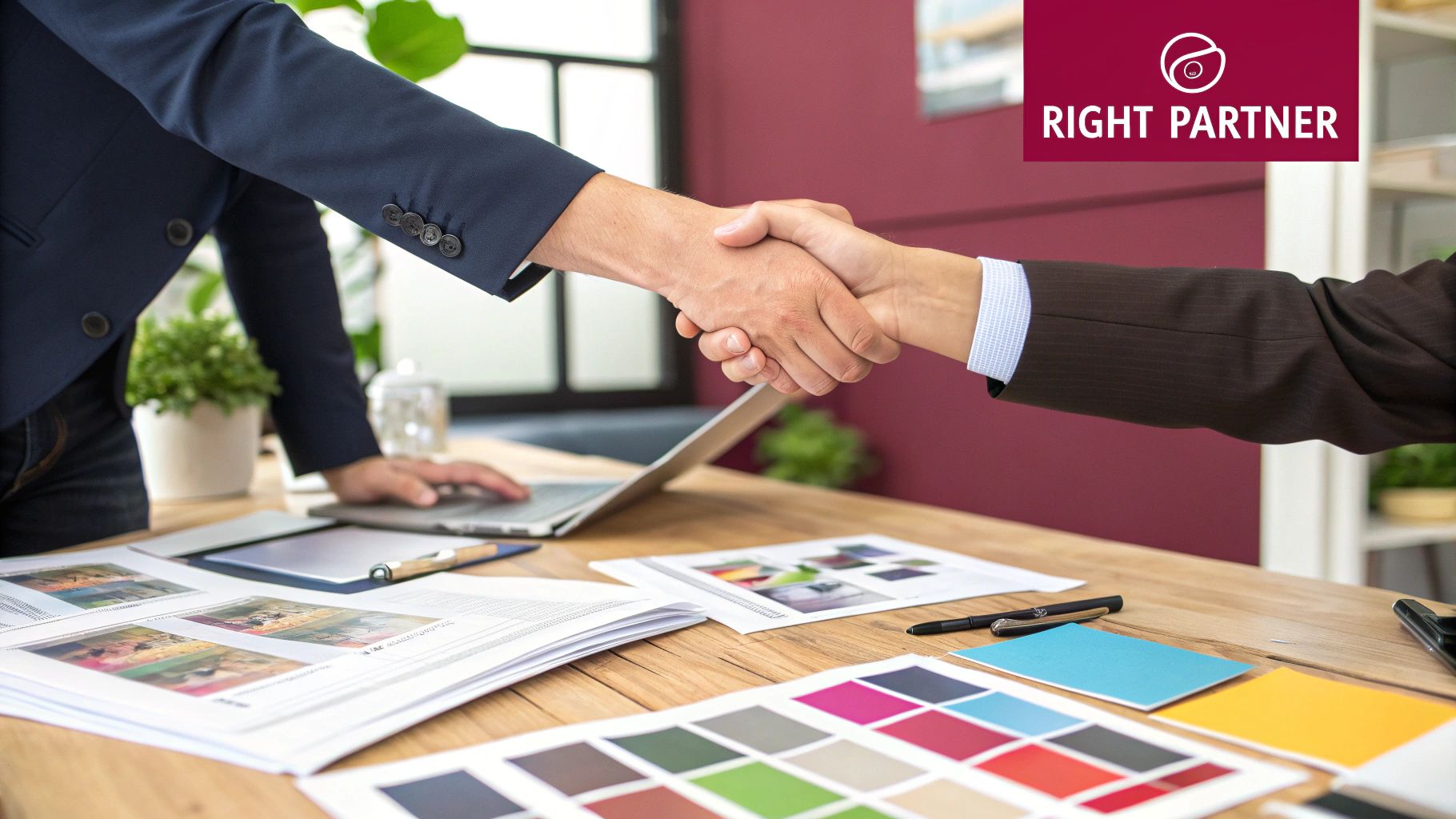 A business owner shaking hands with a web designer in a modern Burnaby office.