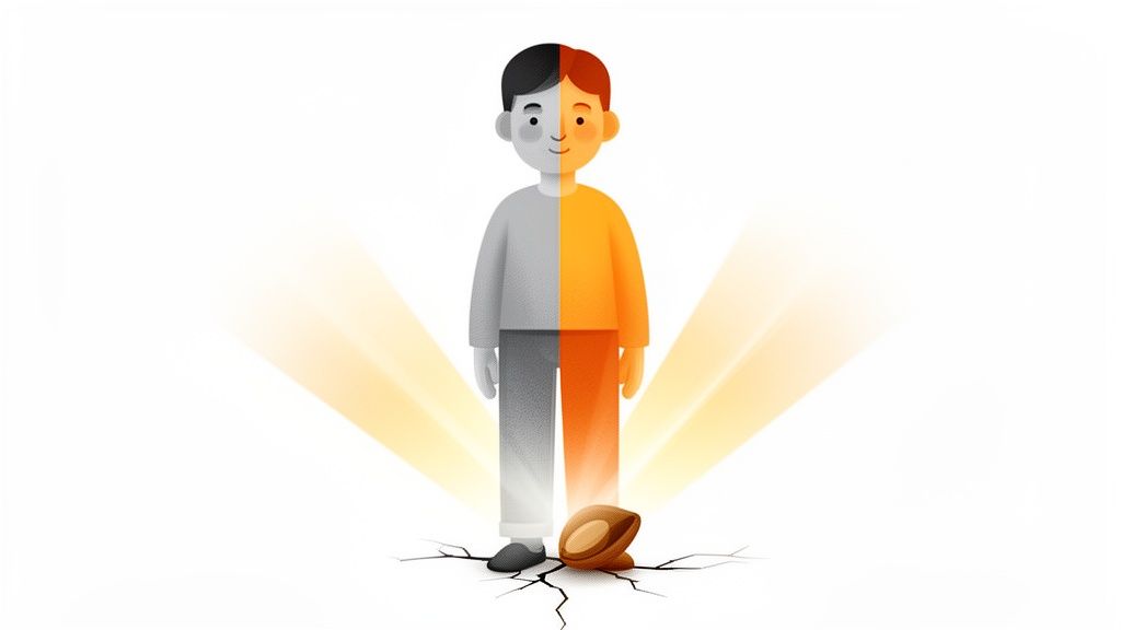 Illustration of a person transitioning from grey to vibrant orange, with light rays and a cracked seed.