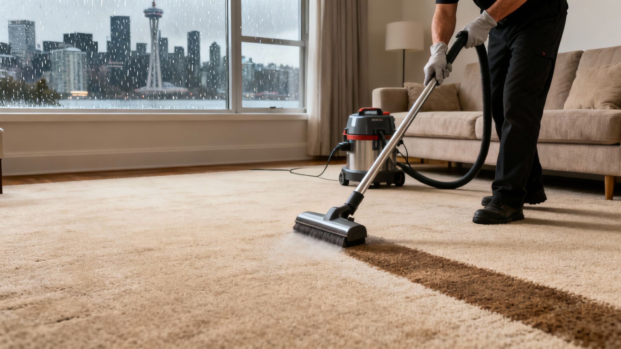 A professional technician using a machine for Vancouver carpet cleaning.
