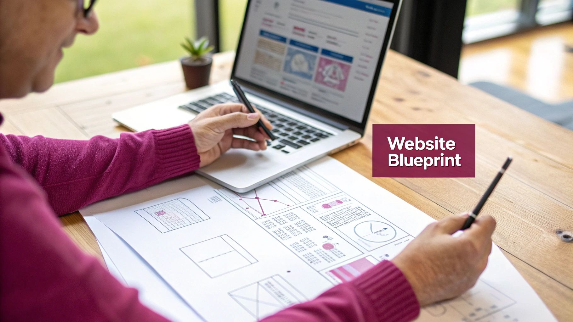 A team of web designers collaborating on a website blueprint in an office setting.