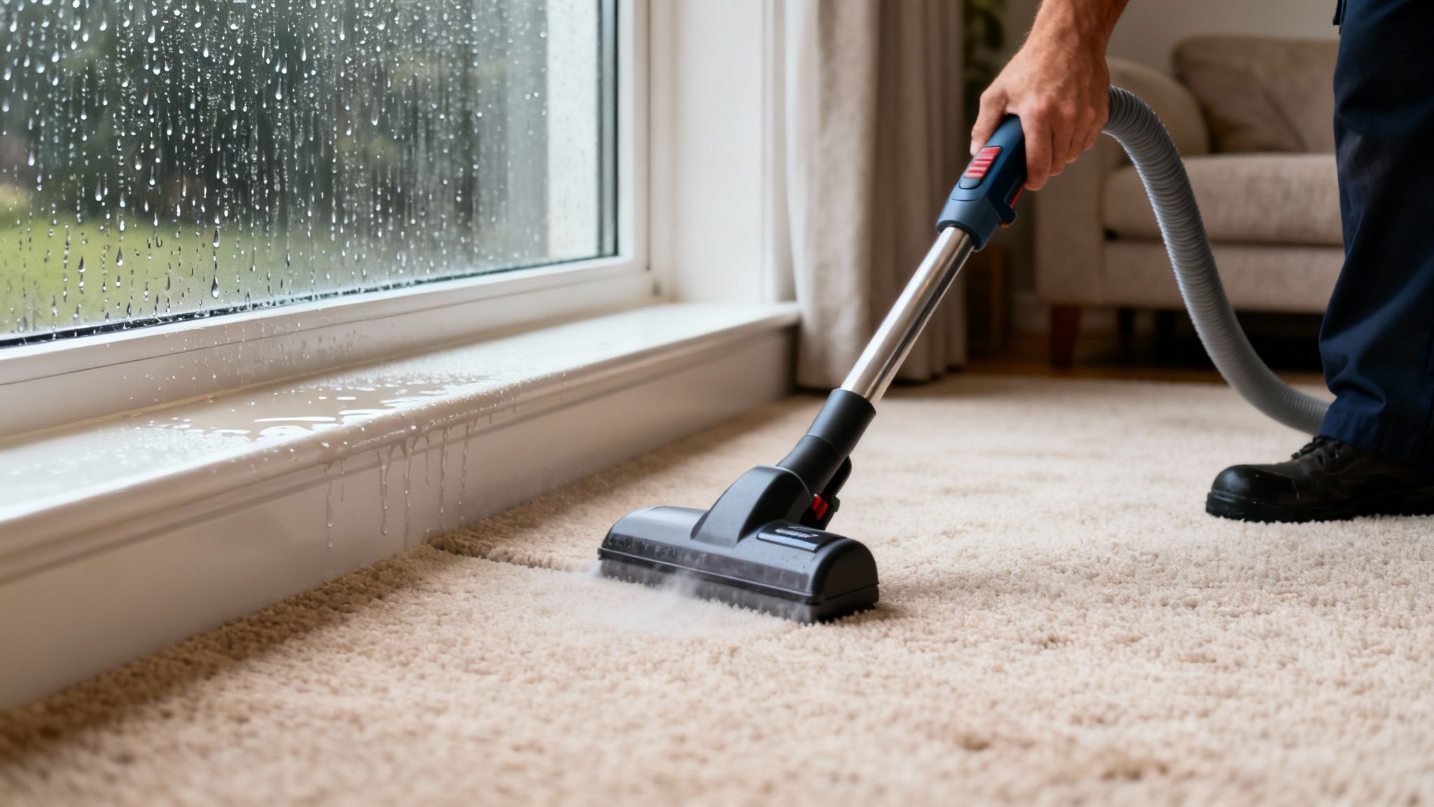 A professional steam cleaning a light-colored carpet next to a window with rain outside.