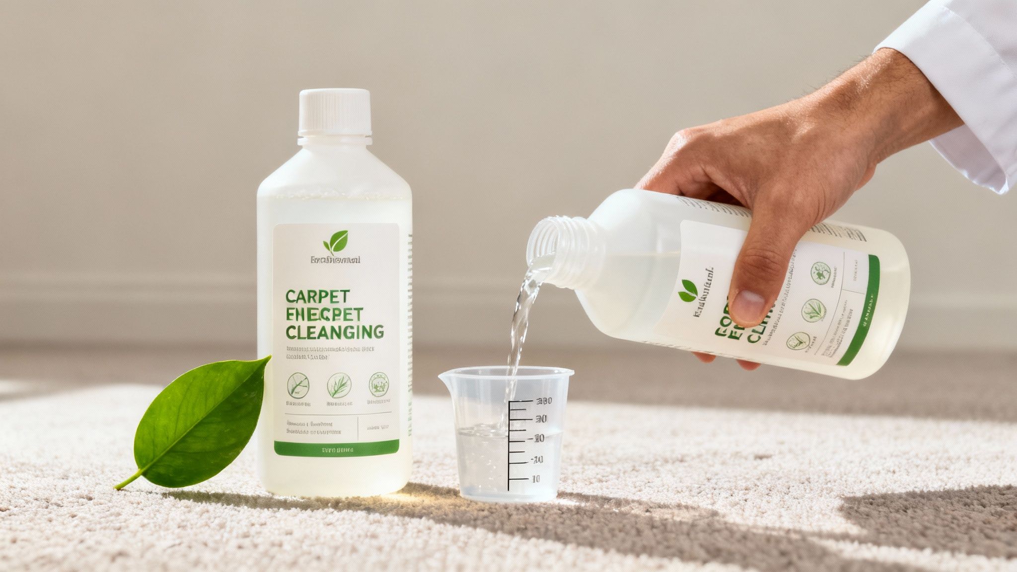 A hand pours natural carpet cleaner into a measuring cup, with another bottle and a green leaf on a light-colored carpet.