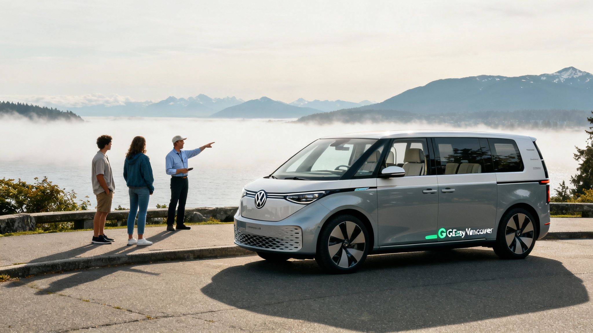 Electric van with Go Easy Vancouver branding and people at a scenic viewpoint overlooking misty water and mountains.