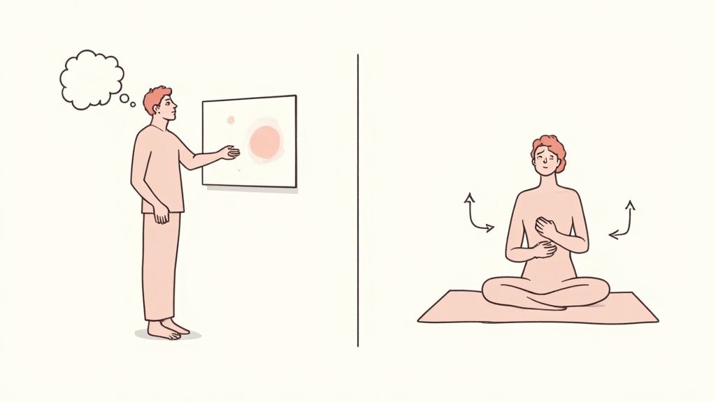 A person sitting peacefully with eyes closed, with glowing lines of energy connecting their head and heart to the world around them.