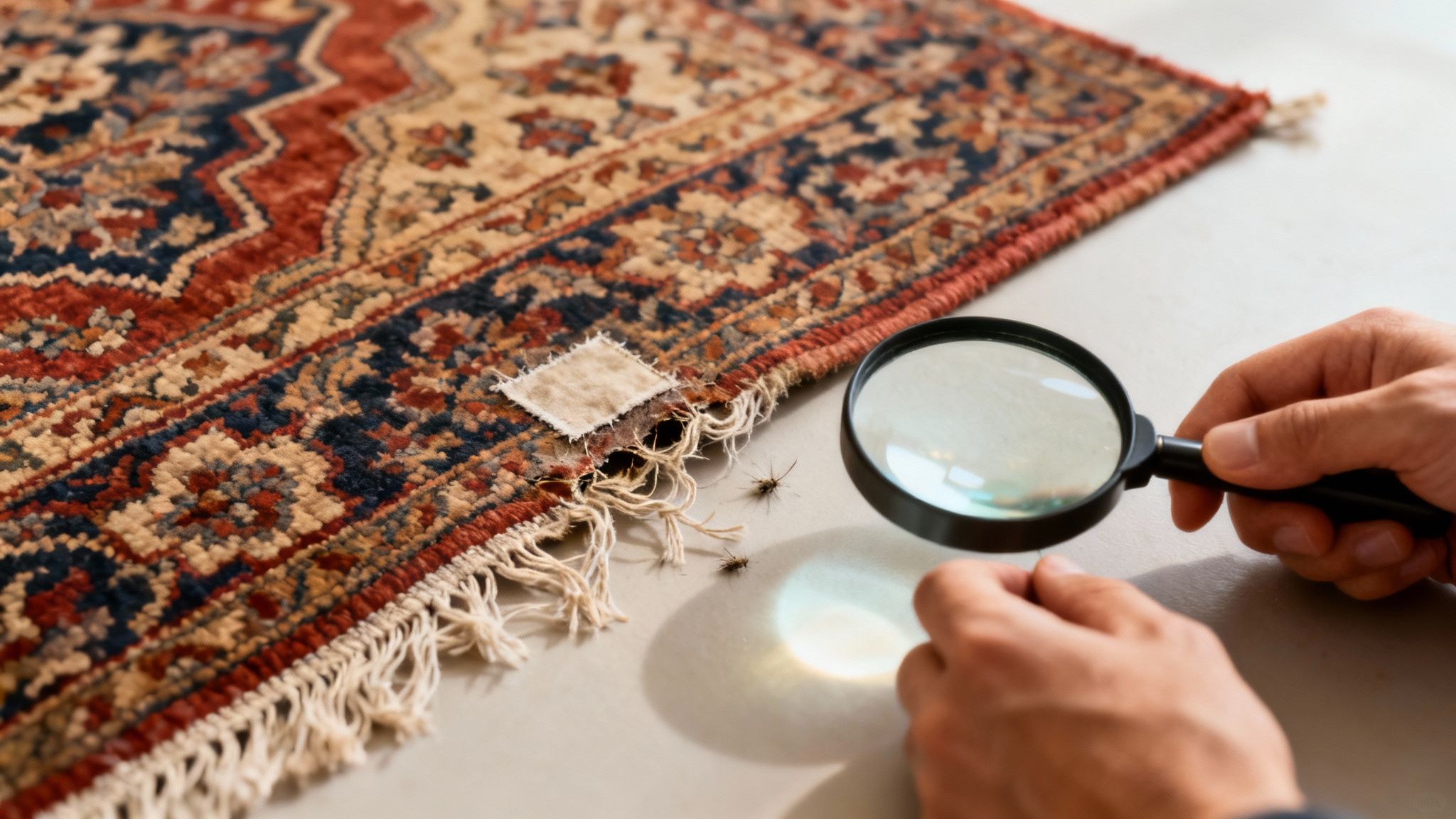 A detailed close-up of a Persian rug, highlighting its intricate patterns and woven texture.
