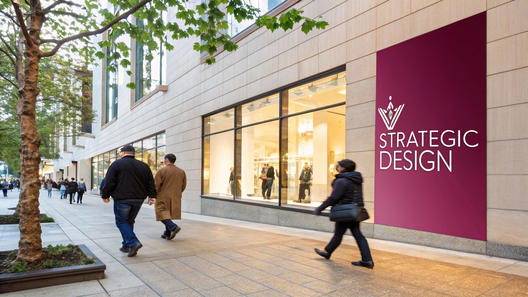 Pedestrians walk past a modern city building featuring a prominent 'Strategic Design' sign.