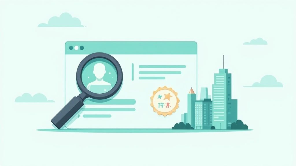 Magnifying glass examining user profile on website screen with city skyline and badge illustration