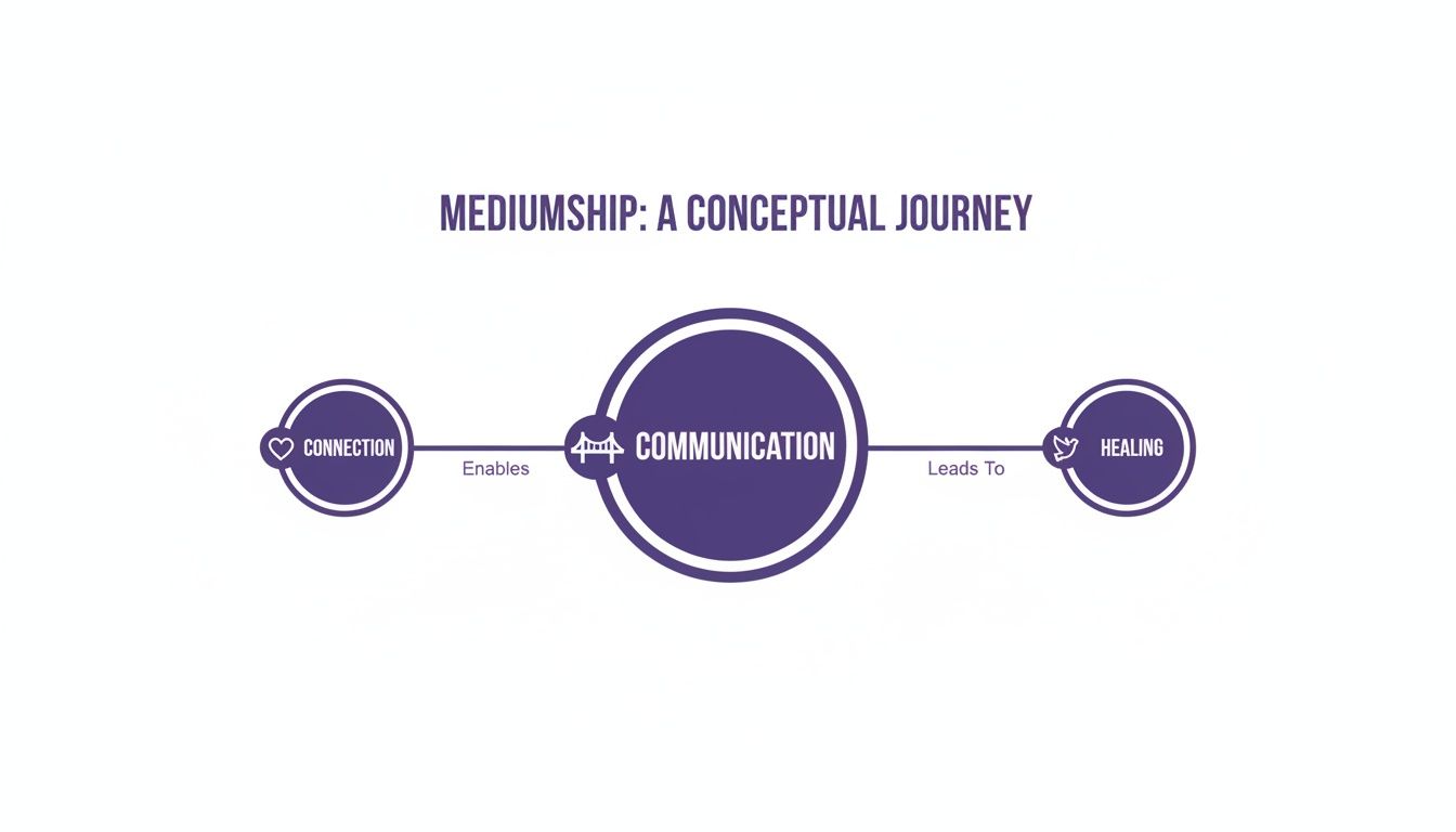 A conceptual diagram illustrating mediumship's journey, from connection enabling communication, leading to healing.