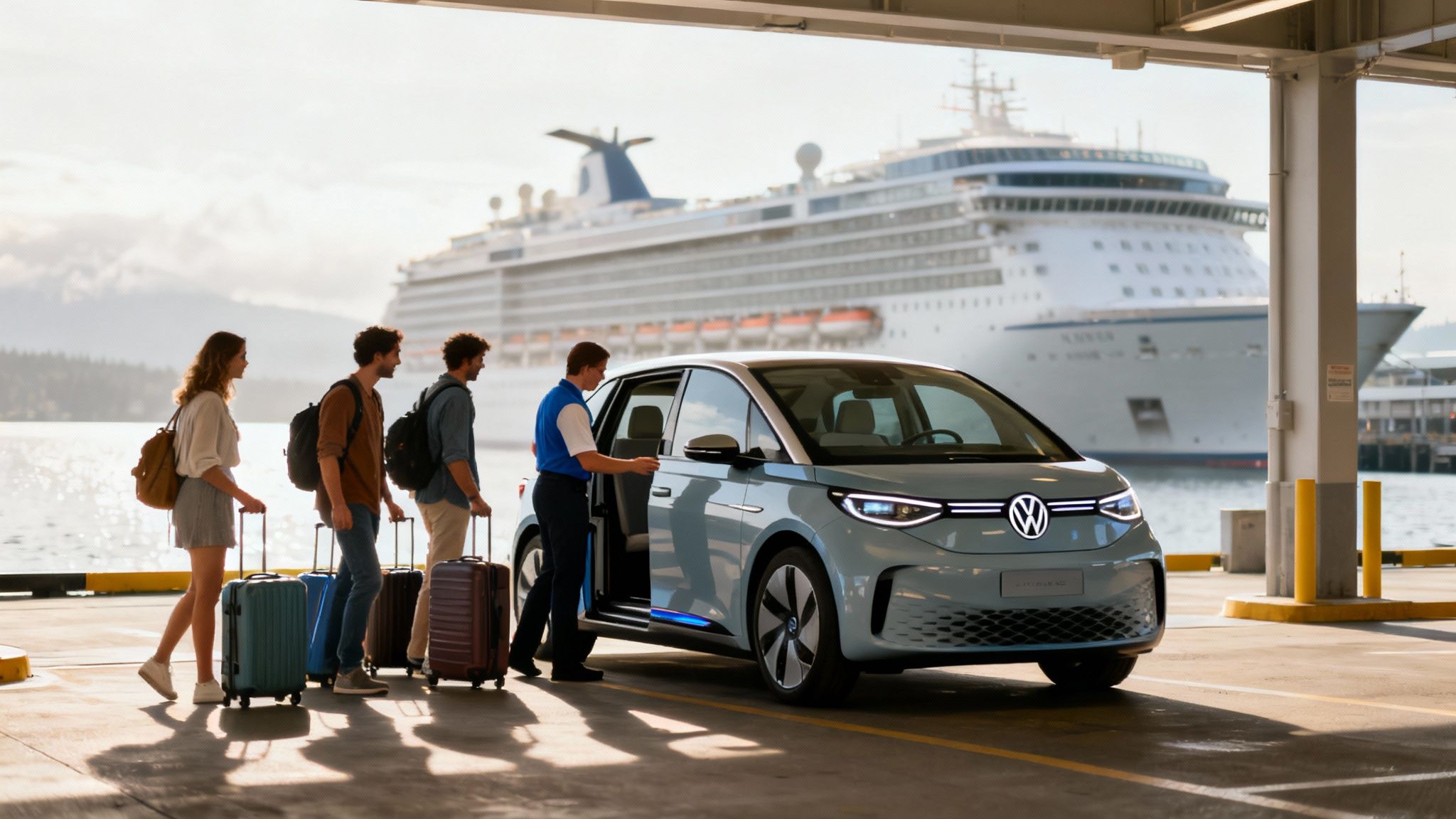 A valet helps travelers with luggage into a blue electric car at a port with a large cruise ship.