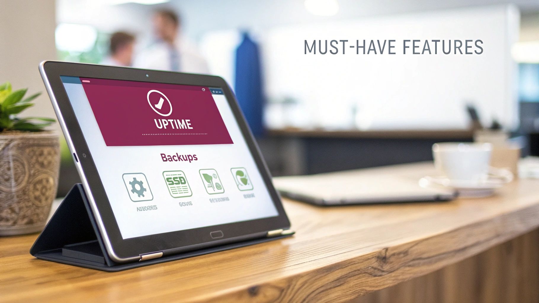 Digital tablet on a modern desk showcasing must-have website hosting features and services.