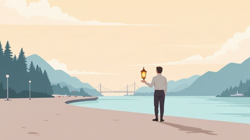 Two hands gently holding a glowing crystal orb, with a soft-focus background of Vancouver's city lights at dusk.