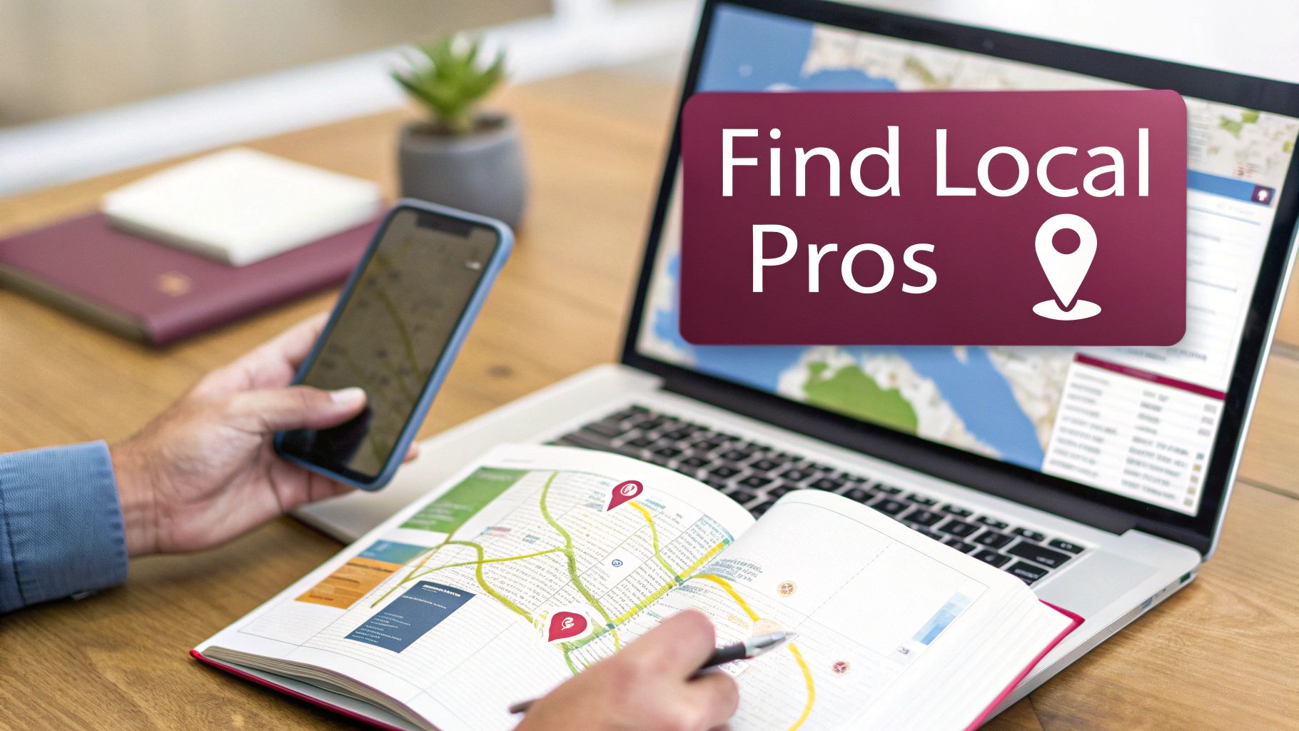 A person uses a smartphone, laptop, and physical map book to find local professionals and services.