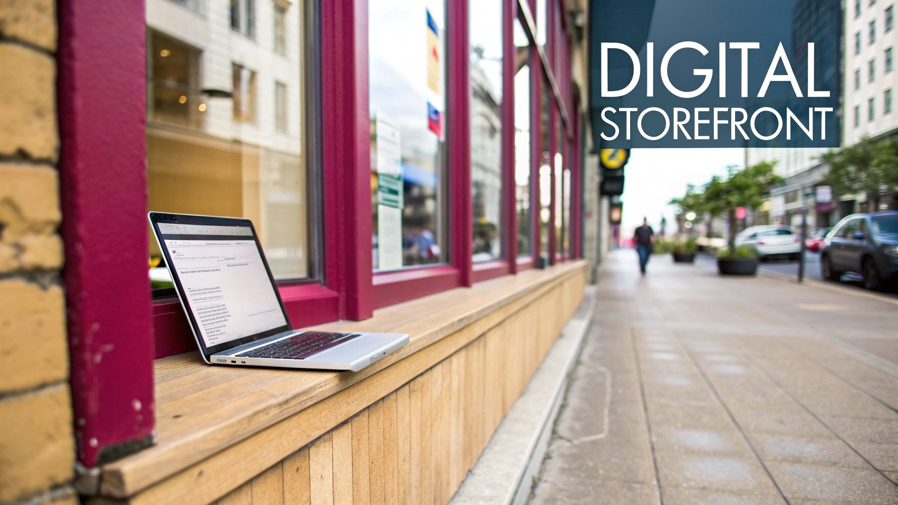Laptop on a wooden shop windowsill, symbolizing a digital storefront on a city street.