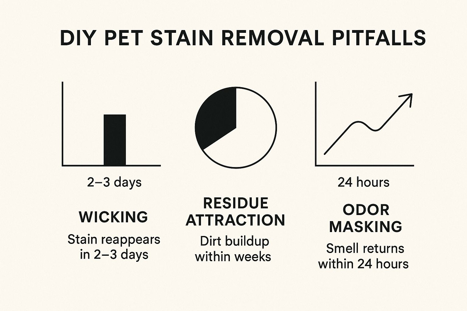 Infographic comparing the pitfalls of DIY pet stain removal showing Wicking, Residue Attraction, and Odor Masking over time.