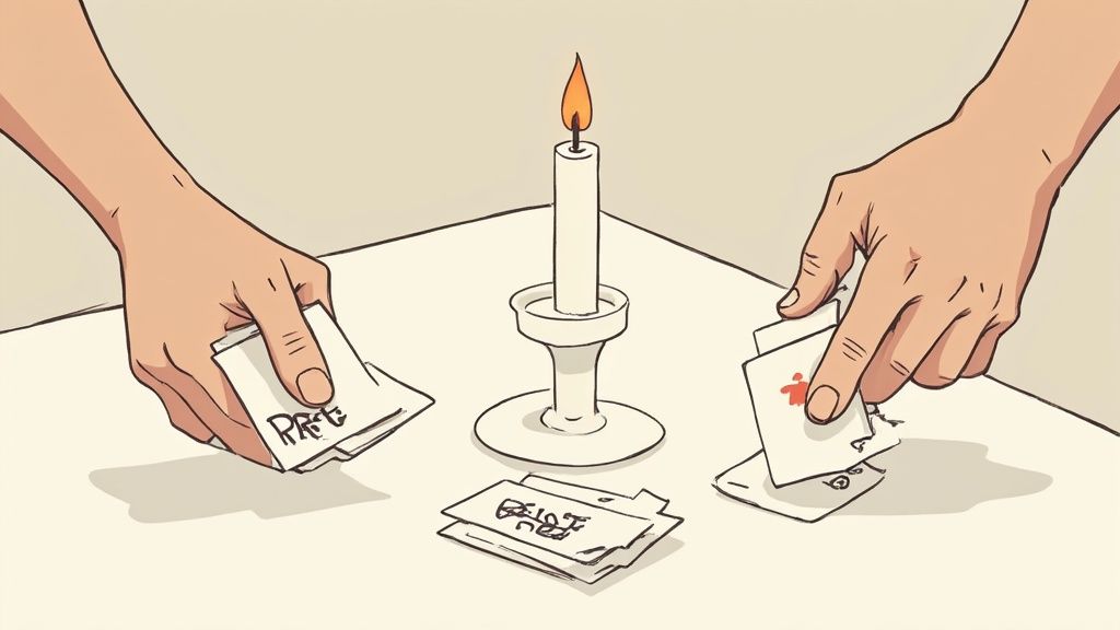 A person shuffling a tarot deck with focused intention, with soft lighting and a calm background.