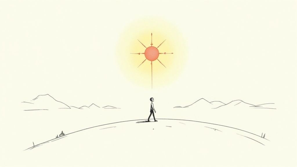 A lone figure walks on a curved horizon towards a radiant, stylized sun, with mountains in the distance.