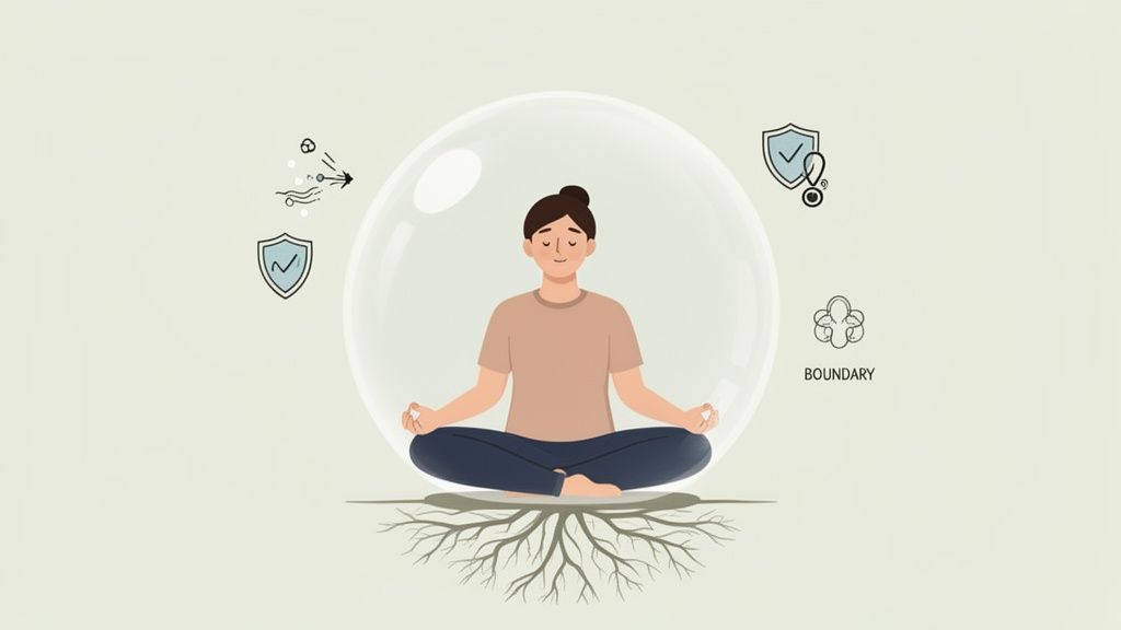 A person meditating within a clear bubble, rooted, surrounded by icons of protection and boundaries.