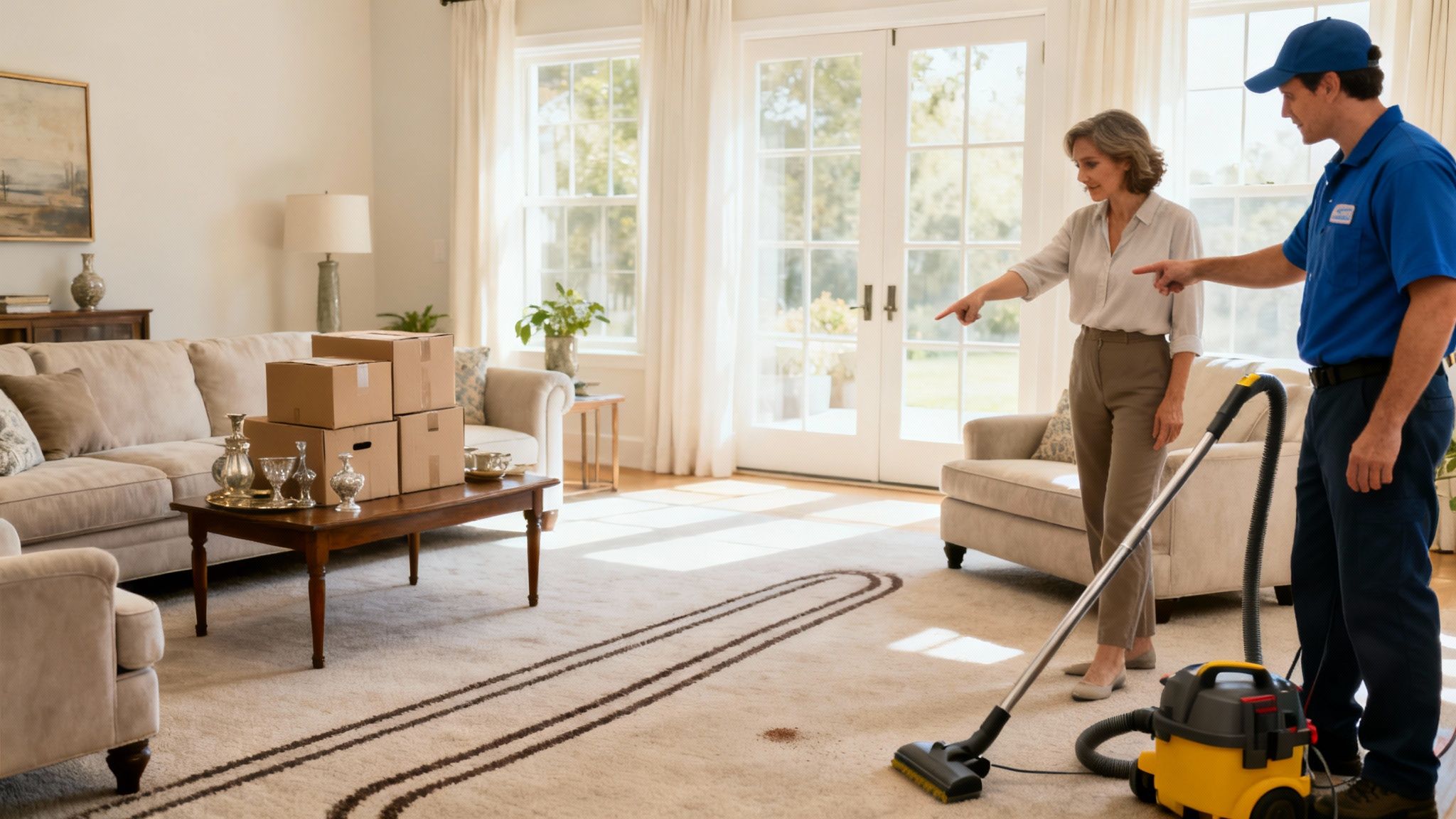A service technician and woman discussing carpet stains in a residential living room with a vacuum.