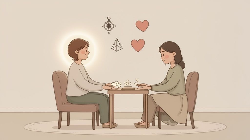 Two people exchange spiritual energy and gifts at a table, with glowing light and hearts.