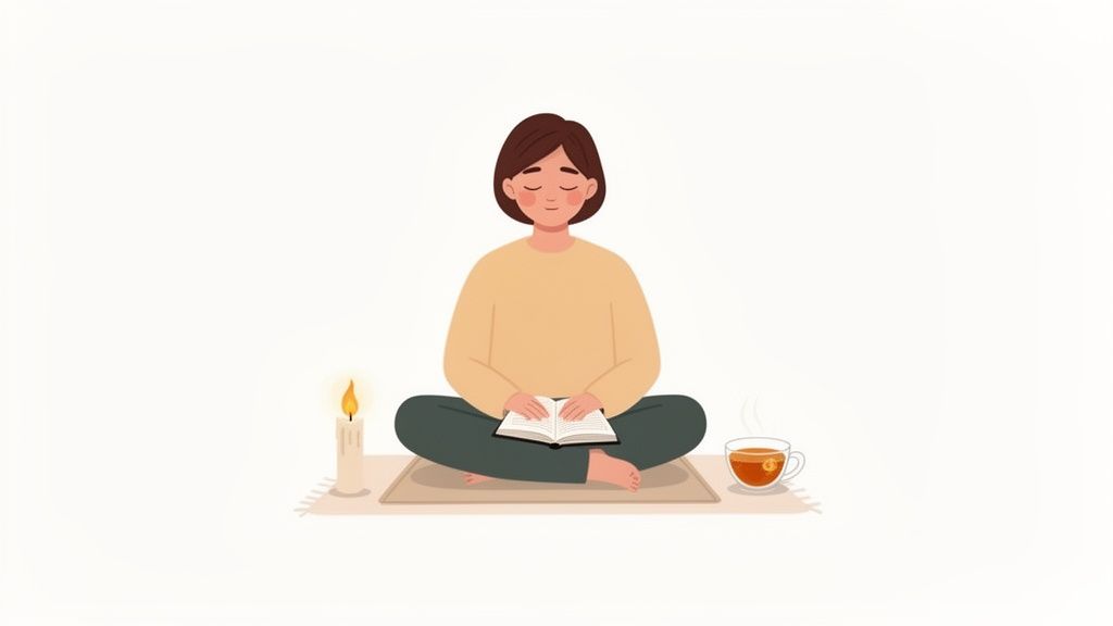 A serene person sits cross-legged on a mat, reading a book with a lit candle and a cup of tea.