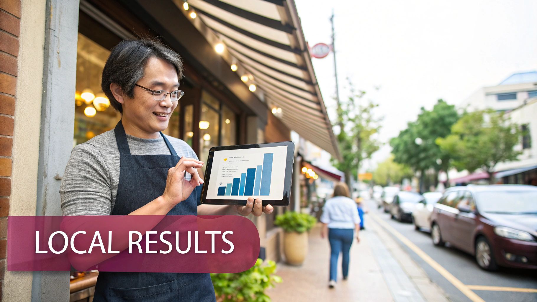 An Asian man in an apron smiles while holding a tablet showing local business results outside his shop.