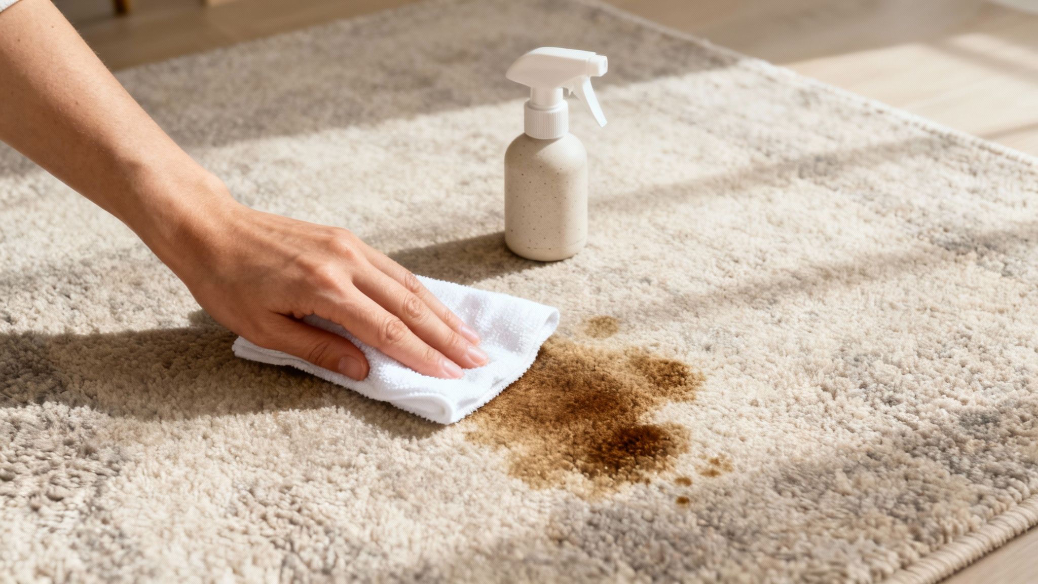 Hand cleaning brown stain on beige carpet using white cloth and spray bottle cleaner