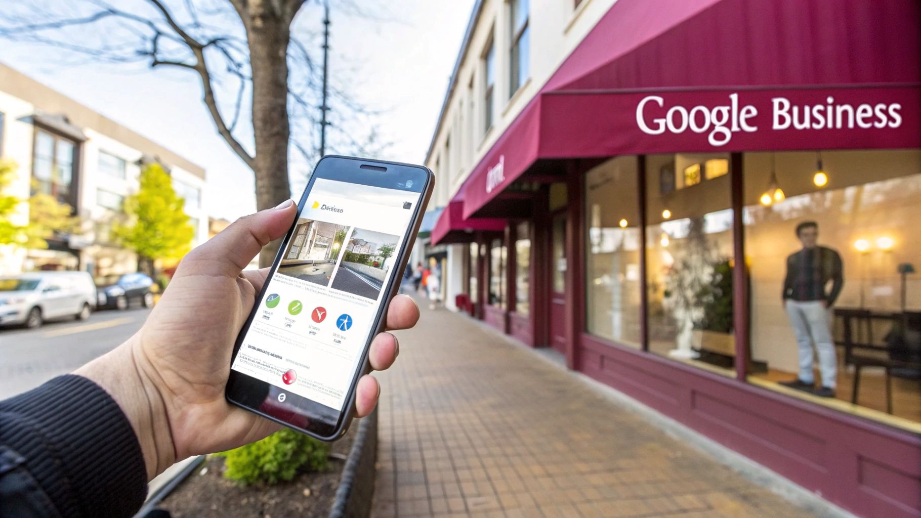 A person holds a smartphone displaying a business app, in front of a Google Business storefront.