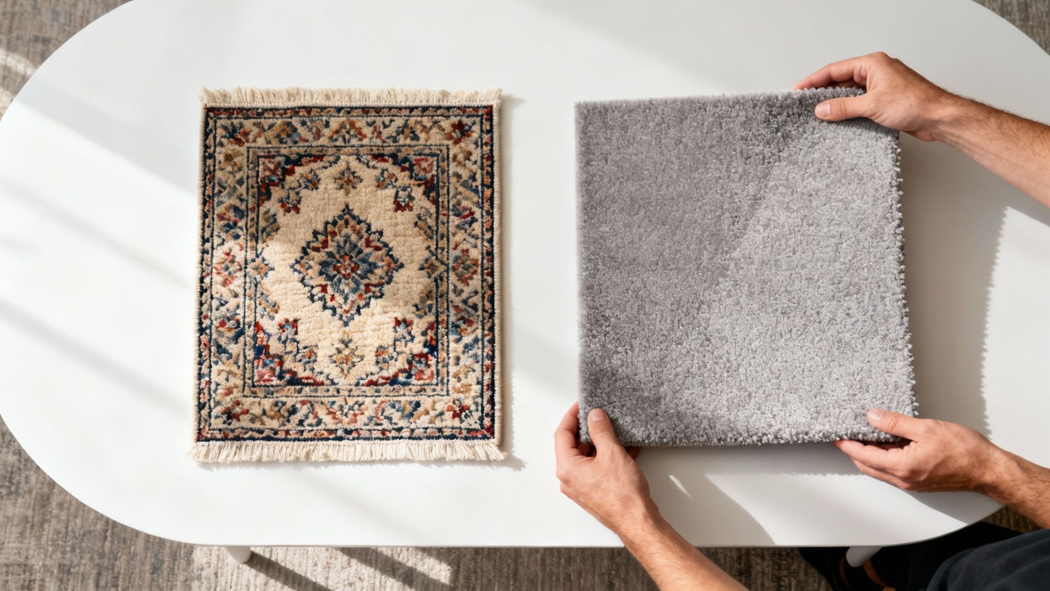 Overhead view of two rug samples on a white table, one patterned and one grey, held by hands.