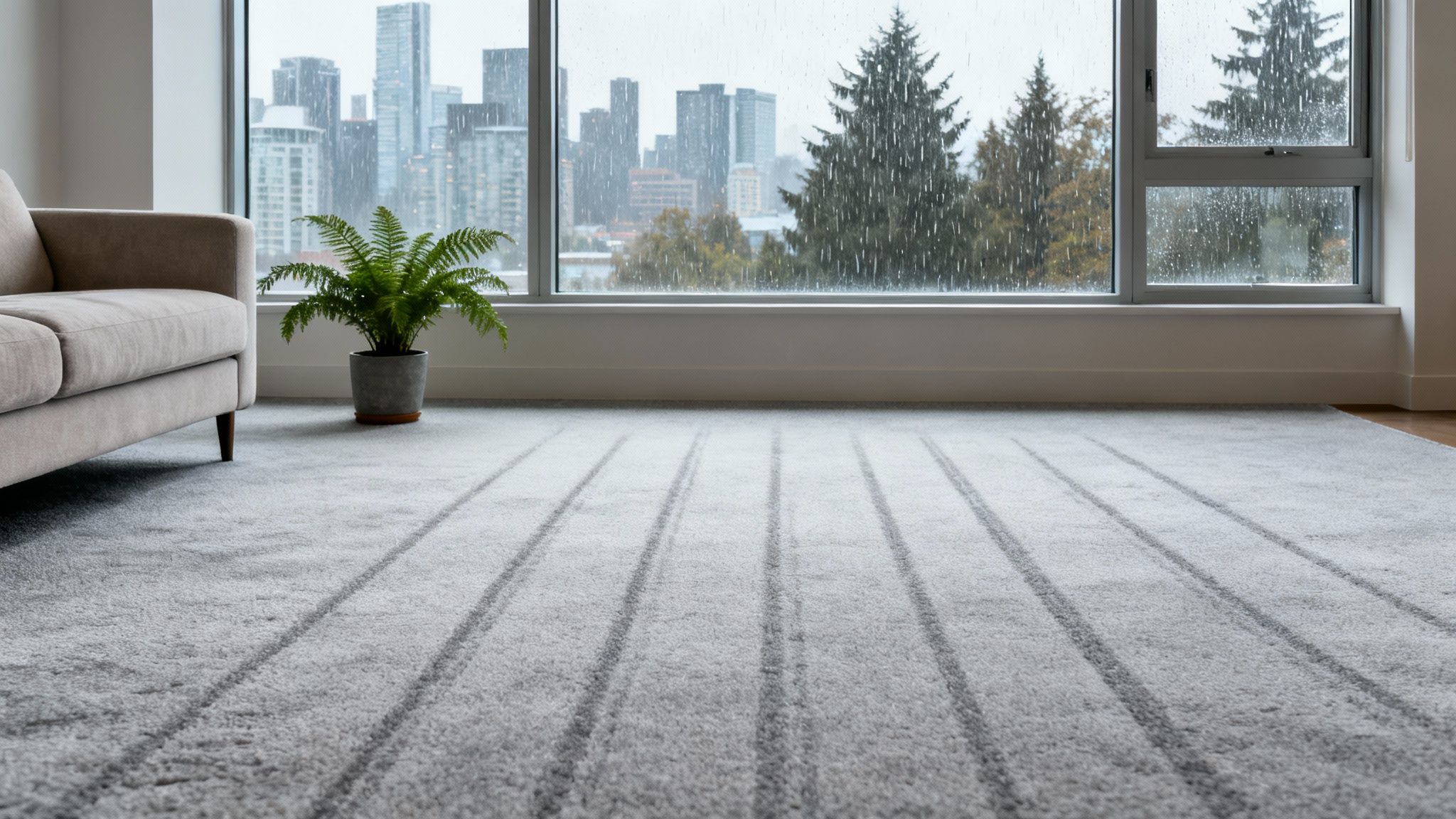 A modern room with a grey striped carpet, beige couch, and a fern, overlooking a rainy city.