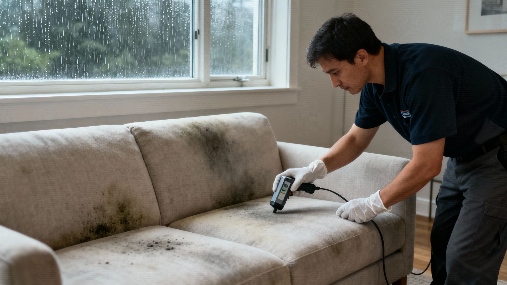 A professional cleaning a light-coloured sofa with an upholstery cleaning machine.