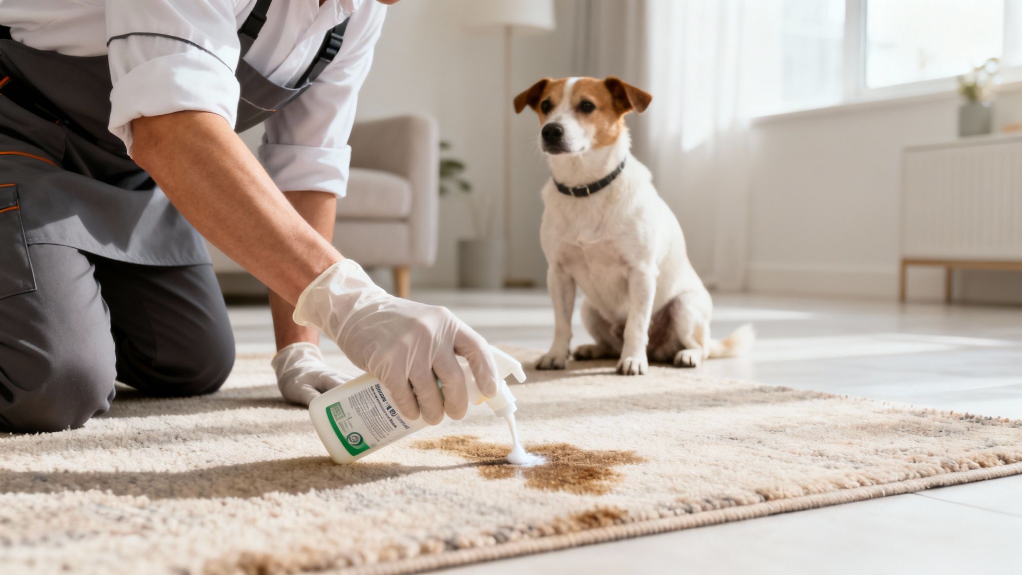 A person in uniform and gloves cleans a rug stain with a spray bottle while a dog watches.