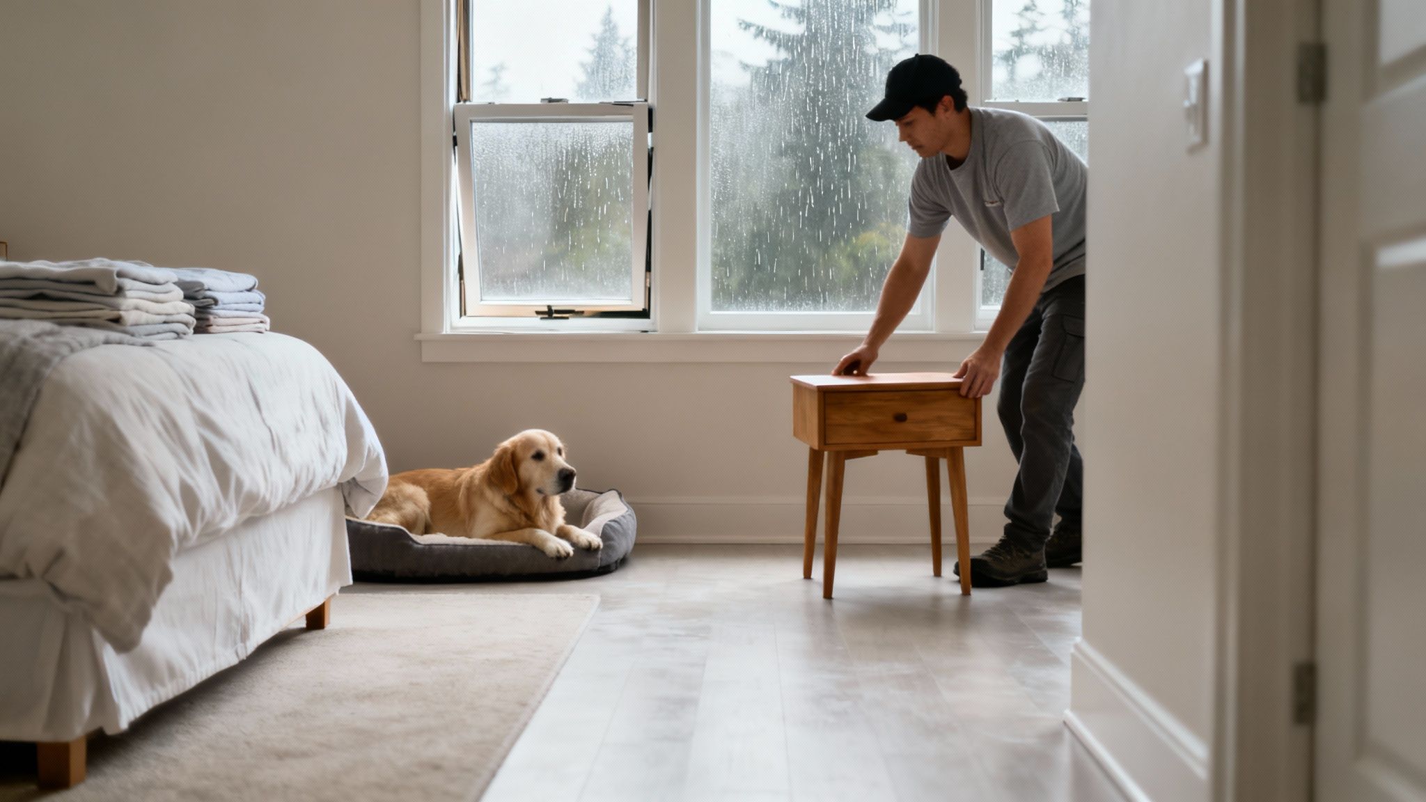 A person moving small decorative items off a coffee table in a living room.