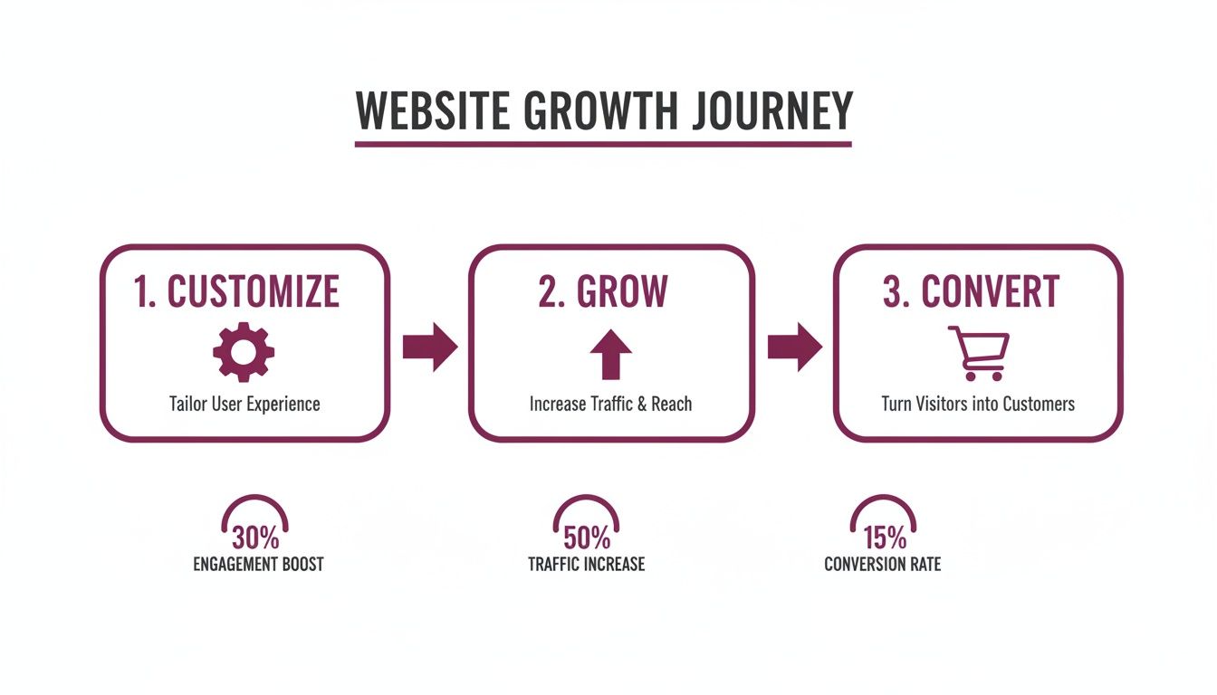 Website growth journey diagram illustrating customizing, growing, and converting with key performance indicators.