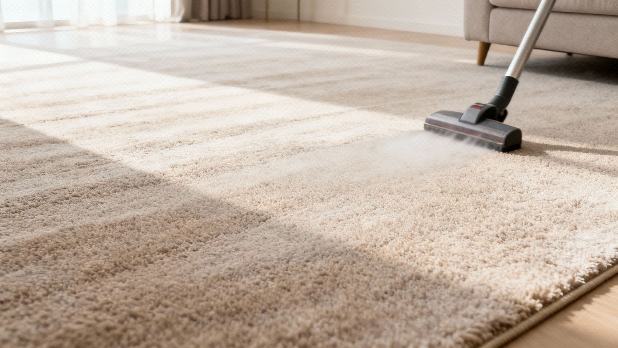A steam cleaner cleaning a light-colored shaggy carpet, leaving fresh stripes in sunlight.