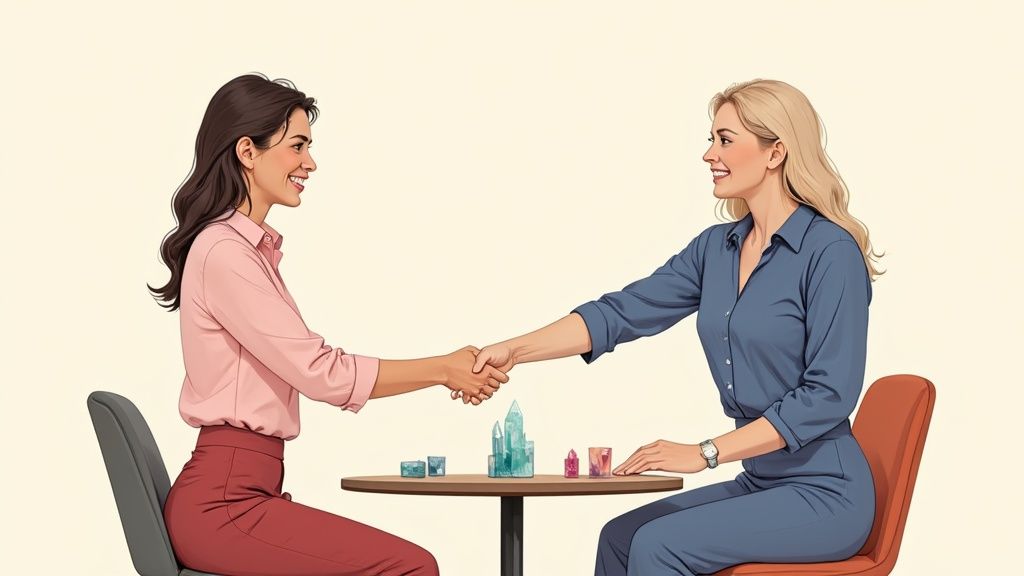 A calm individual sitting with eyes closed, hands resting on a journal, with a warm cup of tea nearby, preparing for a spiritual session.