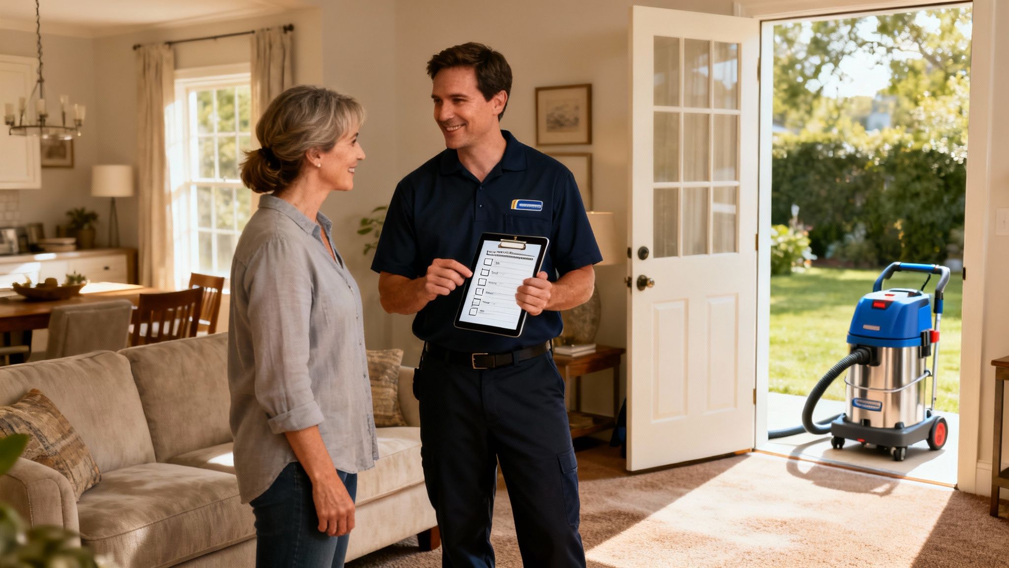 Professional carpet cleaning technician discusses service details with a smiling customer in her home.