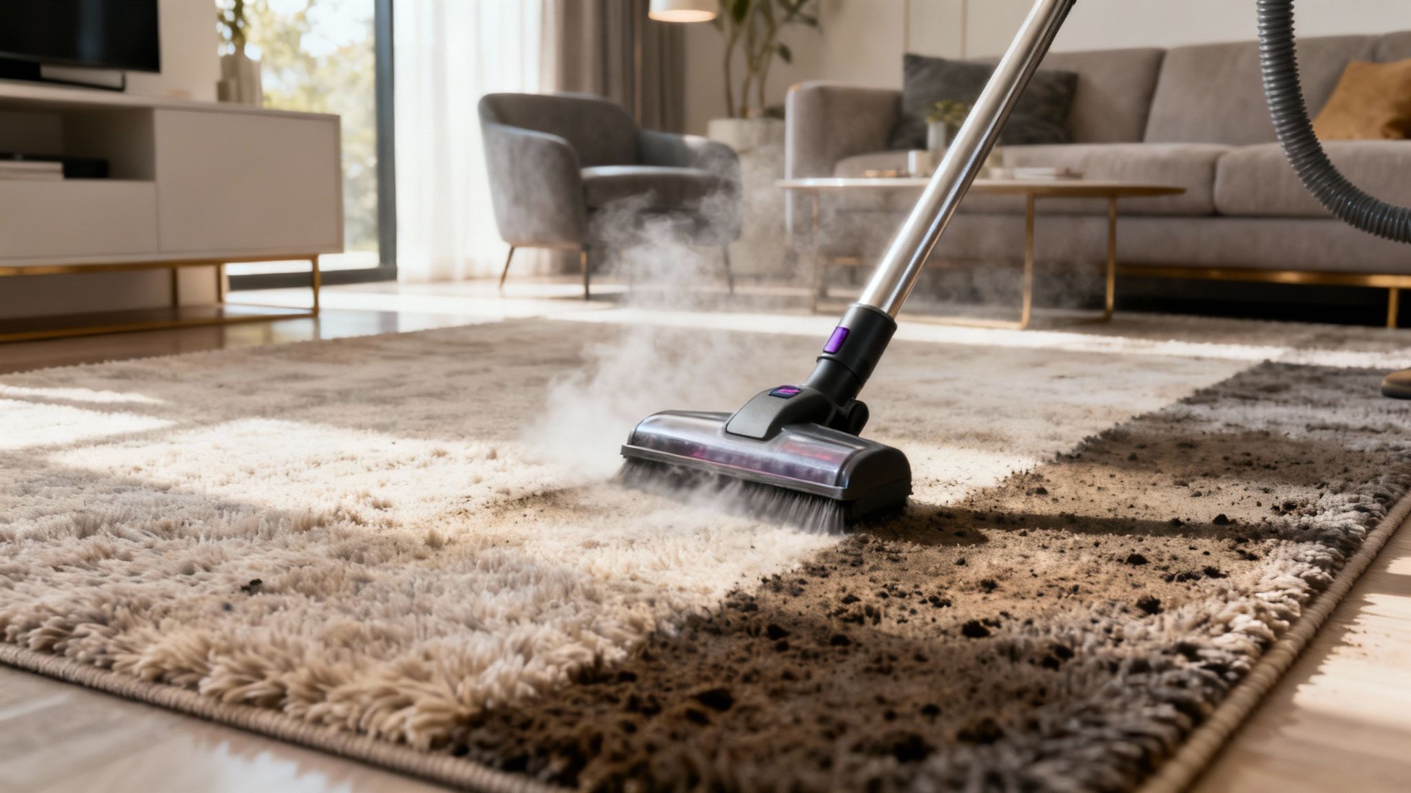 A professional cleaning a large, ornate area rug with specialized equipment.