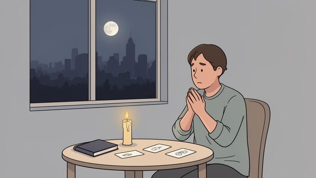 A man prays by candlelight and cards in a dark room with a city view and full moon.