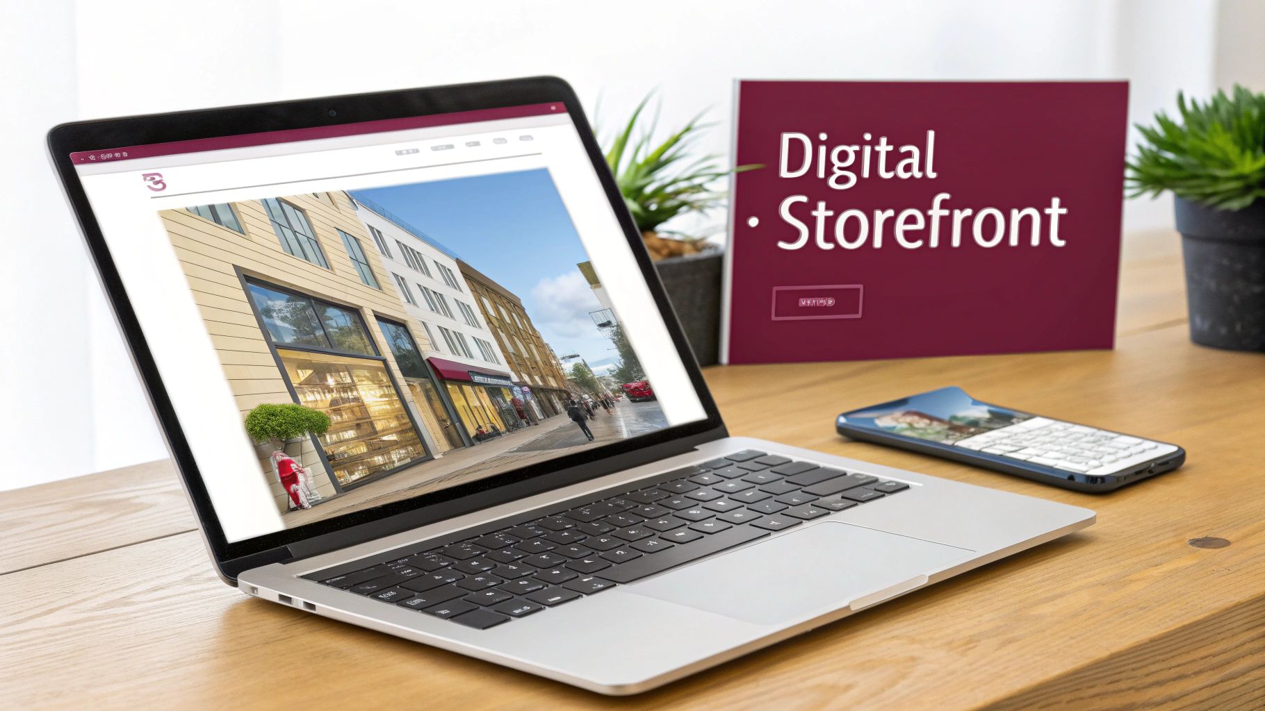 A laptop displays a digital storefront, next to a 'Digital Storefront' sign and a smartphone on a wooden desk.